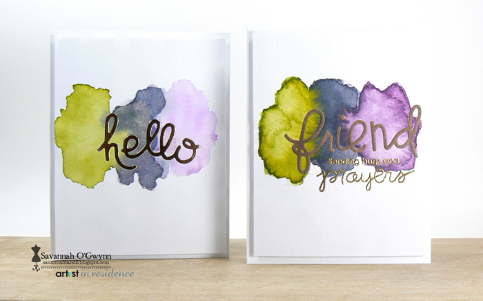 Mordern handmade cards featuring watercolor spots made with Kaleidacolor Vinyard inks as well as embossed sentiments by Savannah O'Gwynn.